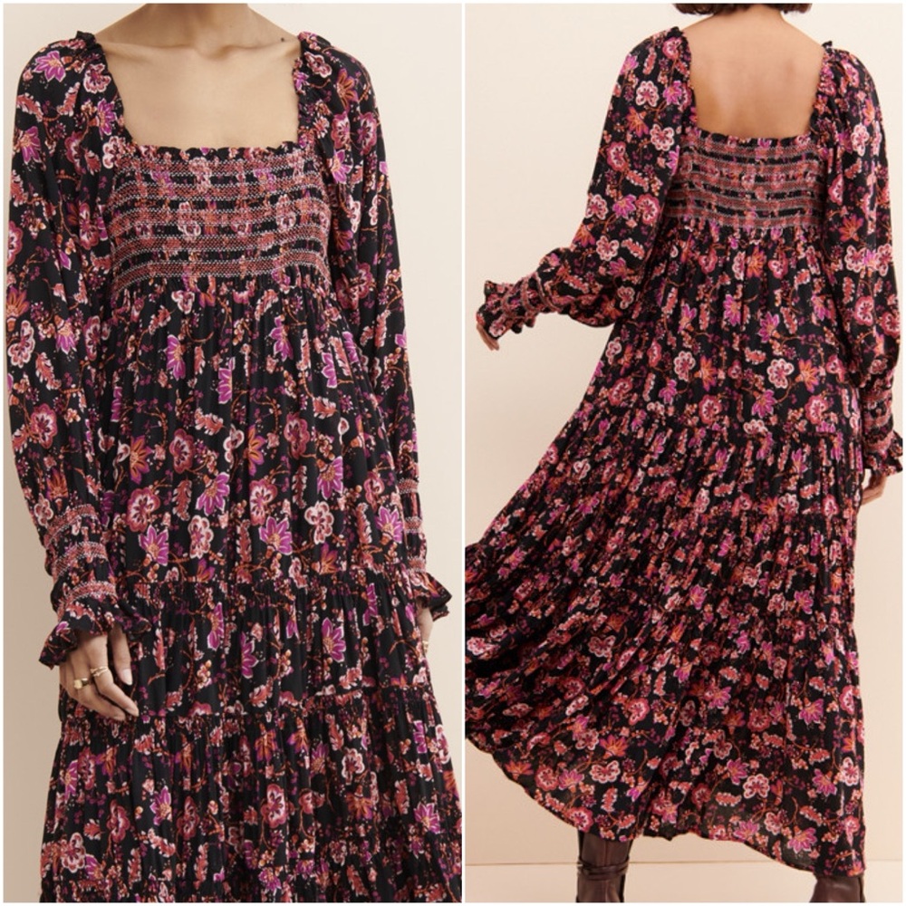 Free People Small Sweet Escape Smocked Black Floral Long Sleeve Boho Maxi Dress